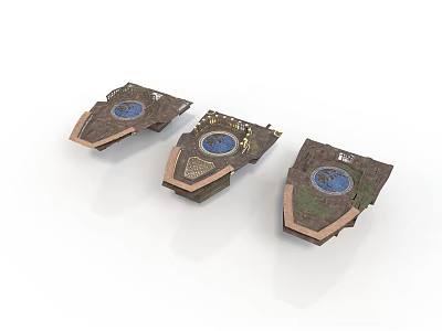 Three Scenic Platform Components With Circular Blue Areas And Textured Borders 3d model
