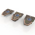 Three Scenic Platform Components With Circular Blue Areas And Textured Borders