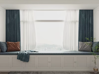 Cozy Bay Window Seat with Storage Cabinets Pillows Blanket Curtains and City View 3d model