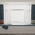 Cozy Bay Window Seat with Storage Cabinets Pillows Blanket Curtains and City View