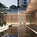 Garden Landscape in Modern Building With Glass Windows Pine Trees Water Feature And Stone Floor