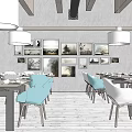 Modern Restaurant Interior With White Pendant Lights Dining Tables Blue Chairs And Green Plants