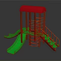 Colorful Playground Equipment With Red Roof Green Slide Steps And Yellow Spiral Ladder