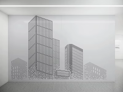 Modern Front Desk Reception Area With Gray Wall City Building Line Art Design 3d model