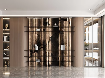 Modern Bookshelf Interior Design With Metal Shelves Wooden Panels And Decorative Items 3d model