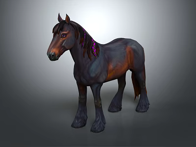 A Brown And Black Horse With Purple Decorated Mane Standing On Gray Background 3d model