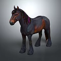 A Brown And Black Horse With Purple Decorated Mane Standing On Gray Background