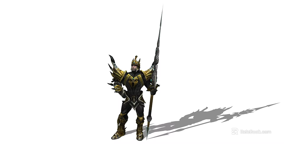 Mythical Armored Warrior Character with Gold Black Armor Spear and Winged Shoulder Armor 3d model 