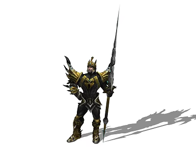 Mythical Armored Warrior Character with Gold Black Armor Spear and Winged Shoulder Armor 3d model