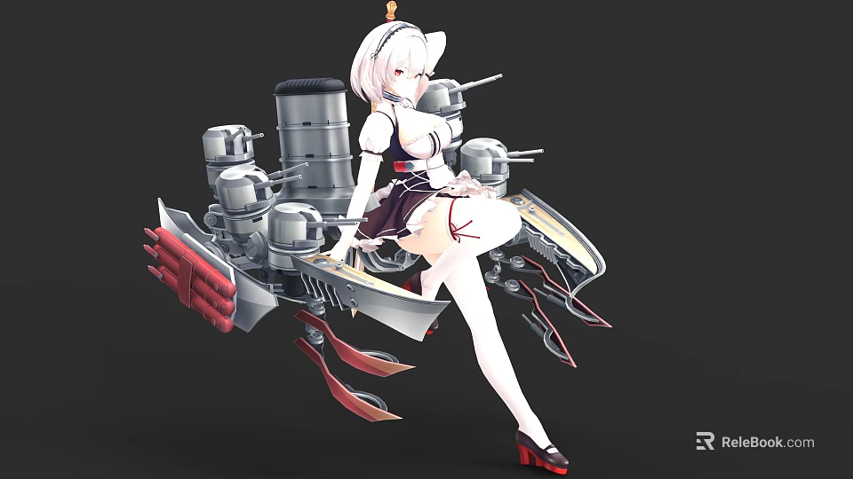 Anime Style Game Character With White Short Hair In Maid Outfit And Mechanical Warship Elements 3d model 