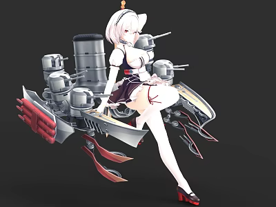Anime Style Game Character With White Short Hair In Maid Outfit And Mechanical Warship Elements 3d model
