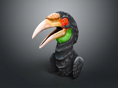 Realistic Hornbill Bird Statue With Black Body Green Neck Red Eyes And Large Beak 3d model