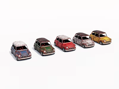 Vintage Car Models in Various Colors Arranged in a Row with Weathered Retro Style 3d model