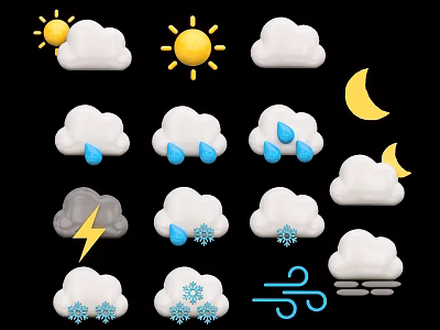Various Weather Icons Collection With Sun Cloud Moon Rain Snow Lightning And Wind 3d model