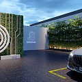 Living Green Plant Wall at Office Building Entrance with Letter D Logo and Surrounding Architecture