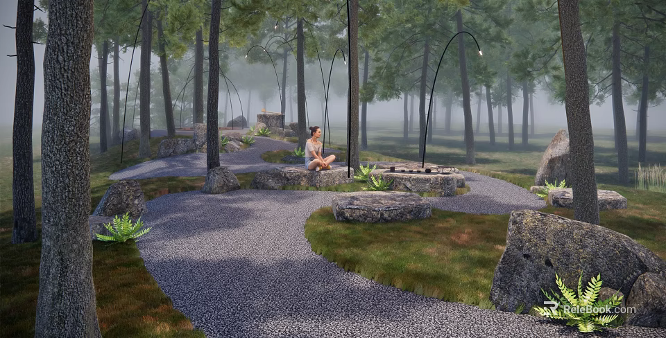 Japanese Rock Garden Design In Misty Woodland With Gravel Path And Stone Seats 3d model 