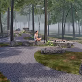 Japanese Rock Garden Design In Misty Woodland With Gravel Path And Stone Seats