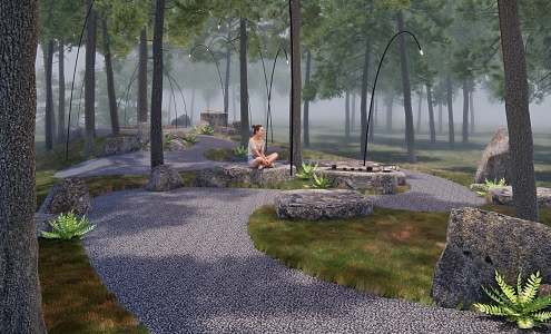 Modern outdoor landscape under forest landscape in forest stand Zen dry landscape waterscape stone landscape lamp 3d model