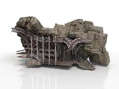 Rock Formation Scene Structure With Metal Arch Bridges And Support Columns 3d model