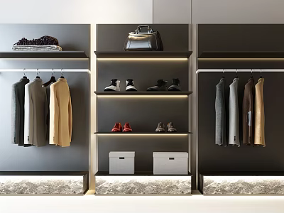 Clothes Hangers in Modern Cloakroom with Hanging Clothes Shoes Bags and Storage Boxes 3d model
