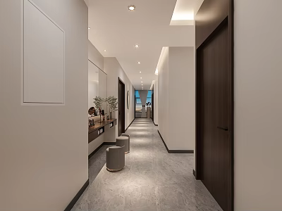 Modern Elevator Hallway Interior With Light Colored Walls Dark Wooden Doors And Recessed Lighting 3d model