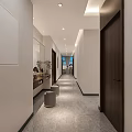 Modern Elevator Hallway Interior With Light Colored Walls Dark Wooden Doors And Recessed Lighting
