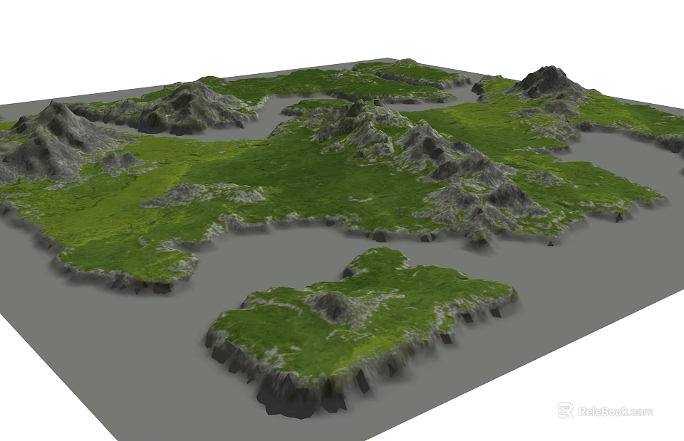 Garden Landscape Design With Green Grass Mountains Water Areas And Rocky Islands 3d model 