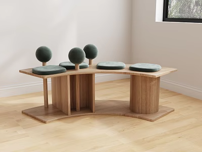 Modern Wooden Public Chair With Green Cushions Curved Structure For Indoor Public Spaces 3d model