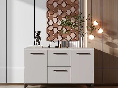 Stylish White Console Cabinet In Modern Entryway With Hexagonal Wall Decor And Hanging Lights 3d model