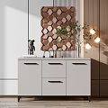 Stylish White Console Cabinet In Modern Entryway With Hexagonal Wall Decor And Hanging Lights