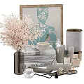 Modern Decorative Ornament Set with Framed Art Dried Flowers Books Scented Candle and Small Ornaments