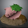 Pink Pig Decorative Ornament With Green Leaves On Brown Stone Base