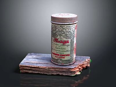 Vintage Tea Tin With Label Placed On Rustic Wooden Board Surface 3d model