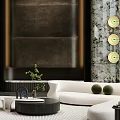 Duplex Living Room Interior With Crystal Chandelier Marble Walls And Floor To Ceiling Windows