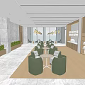 Modern Break Room With Open Design Large Windows Green Sofas Round Tables Wooden Cabinets Plants