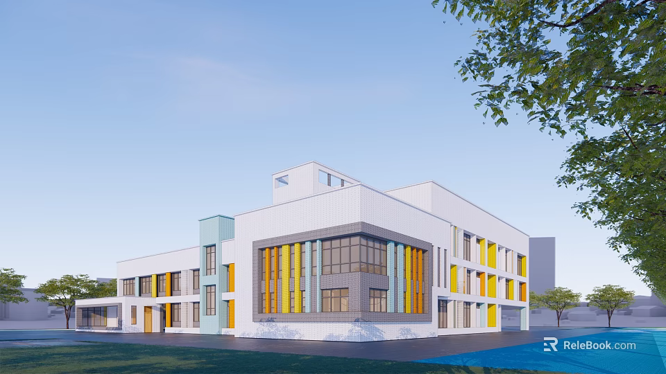 Modern School Building With White Facade Yellow Blue Accents Large Windows Green Lawn And Trees 3d model 