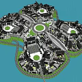 Island Shaped Commercial Street Surrounded by Water With Circular Plazas And Green Edges