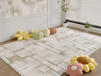 Colorful Flower Shaped Public Chair Cushions On Light Rug With Green Lines And Green Plant 3d model