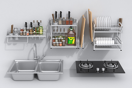 Modern Kitchen Supplies Vegetable Washing Basin Gas Stove Kitchen Storage Rack 3d model