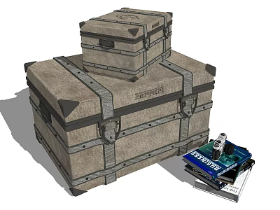 Vintage Suitcases Stacked Large and Small With Metal Straps and Buckles Next to Explorer Book 3d model