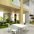 Kindergarten Interior Featuring Colorful Decorations Elephant Design White Tables Chairs Yellow Columns and Green Turf