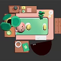 Pink Cartoon Animal Relaxing In Bathtub With Green Plant Yellow Candles Cup And Book