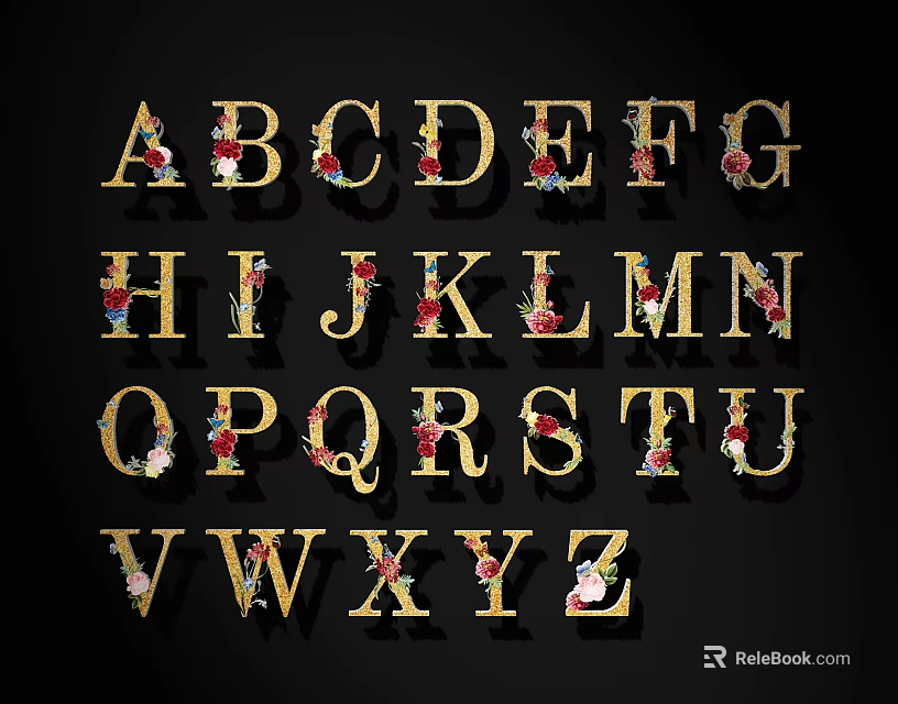 Floral Decorated English Alphabet Letters With Golden Frames On Black Background 3d model 