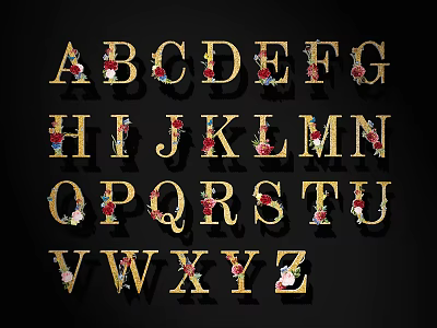 Floral Decorated English Alphabet Letters With Golden Frames On Black Background 3d model