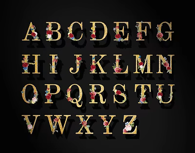 Floral Decorated English Alphabet Letters With Golden Frames On Black Background 3d model