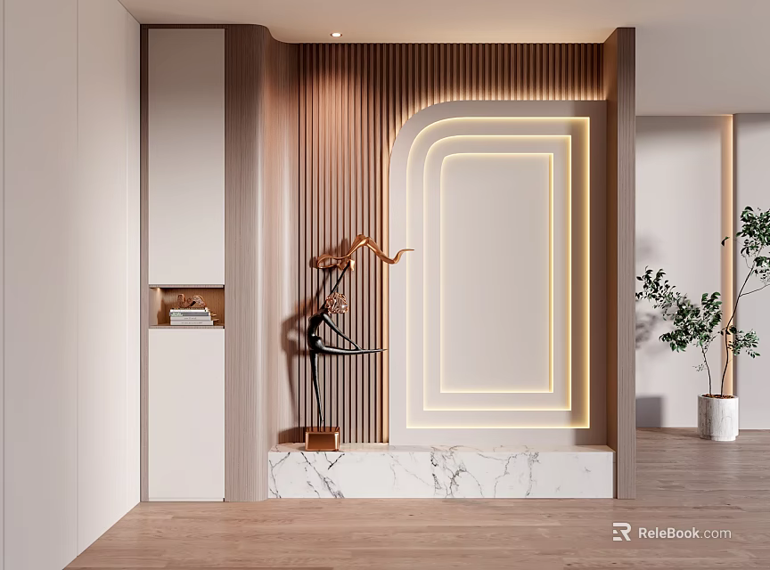 Modern Entryway Hallway Design With Wooden Panel LED Lighting And Marble Floor 3d model 