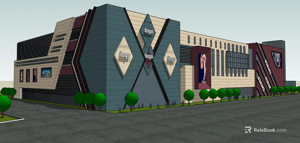 Modern Commercial Complex Exterior Design With Geometric Patterns Glass Walls Store Logos And Green Trees 3d model 