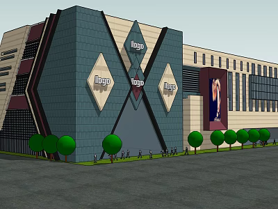 Modern Commercial Complex Exterior Design With Geometric Patterns Glass Walls Store Logos And Green Trees 3d model