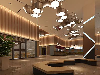 Modern Cinema Lobby Interior With Geometric Ceiling Lights And Rest Seating Areas 3d model