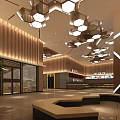 Modern Cinema Lobby Interior With Geometric Ceiling Lights And Rest Seating Areas